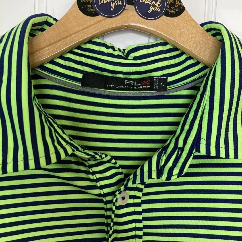 Ralph Lauren RLX Polo Shirt Mens XL Green Blue Stripe Golf Performance Top